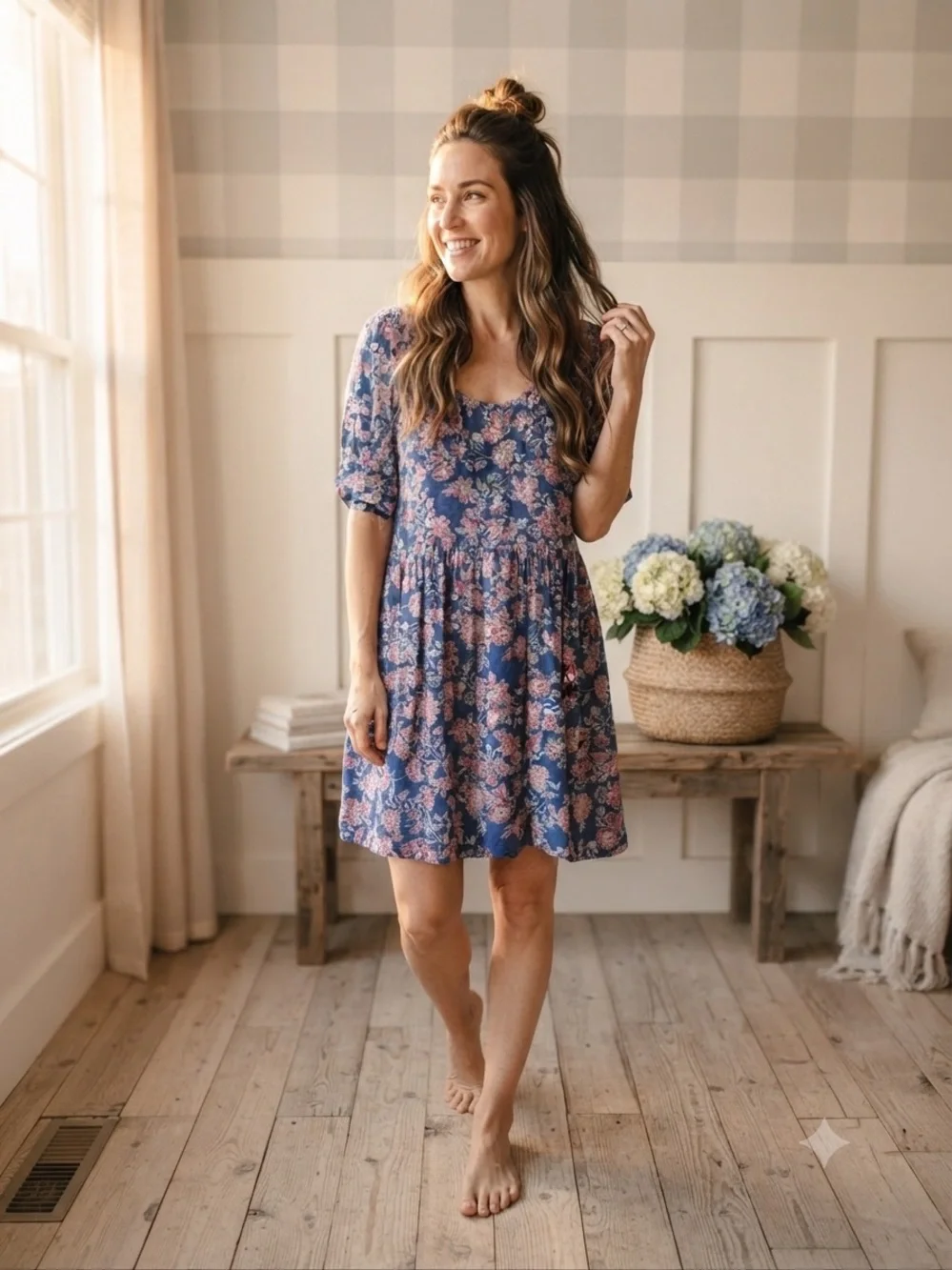 LOFT Blue Floral Scoop-Neck Mini Dress 12 - Picture 1 of 9